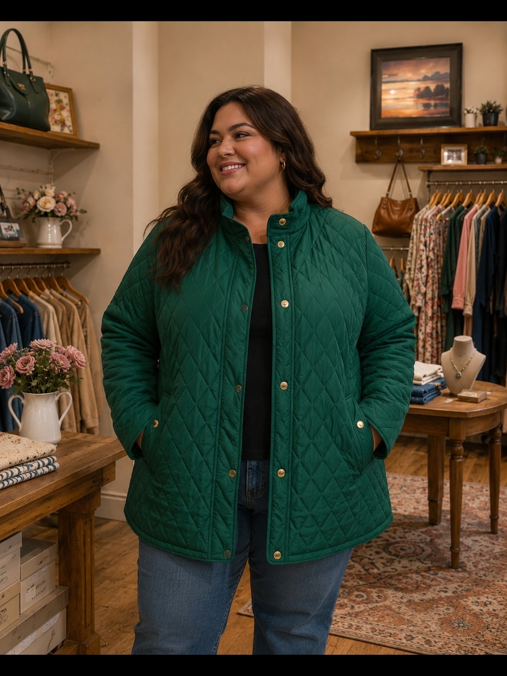 Crown & Ivy Quilted Barn Jacket – Hunt Green | Plus 2X